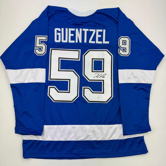 Autographed Jake Guentzel Tampa Bay Blue Hockey Jersey PSA COA | Hall of Fame Sports Memorabilia | vintageantiquesgifts.com