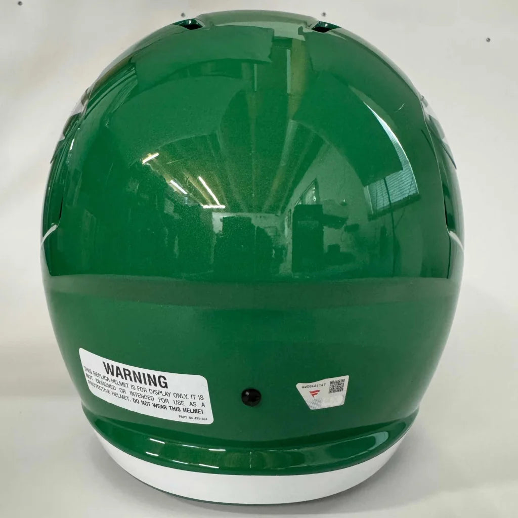 Shiny green and white football helmet with third party authentication for authenticity