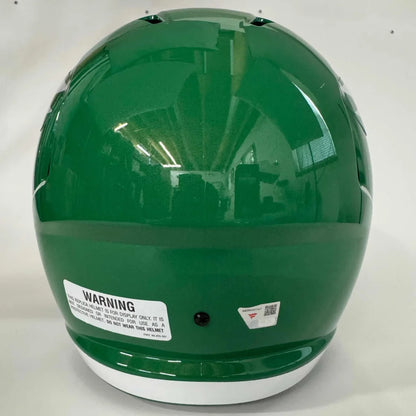 Shiny green and white football helmet with third party authentication for authenticity