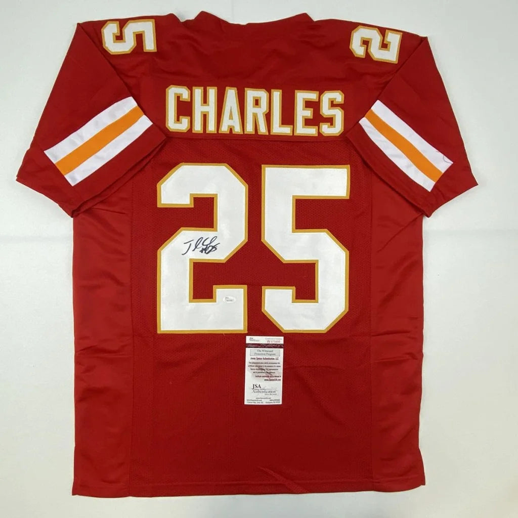 Red kansas city chiefs custom jersey with white and gold lettering number 25 autographed for professional sports fans