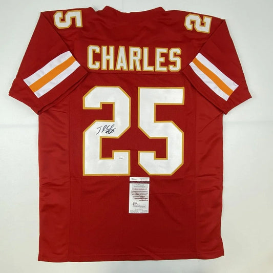 Red kansas city chiefs custom jersey with white and gold lettering number 25 autographed for professional sports fans