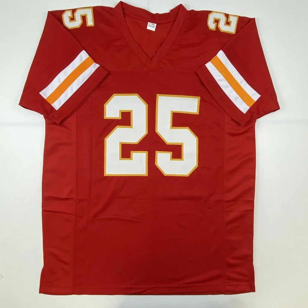 Red kansas city chiefs autographed custom jersey with white and gold number 25 from professional sports league