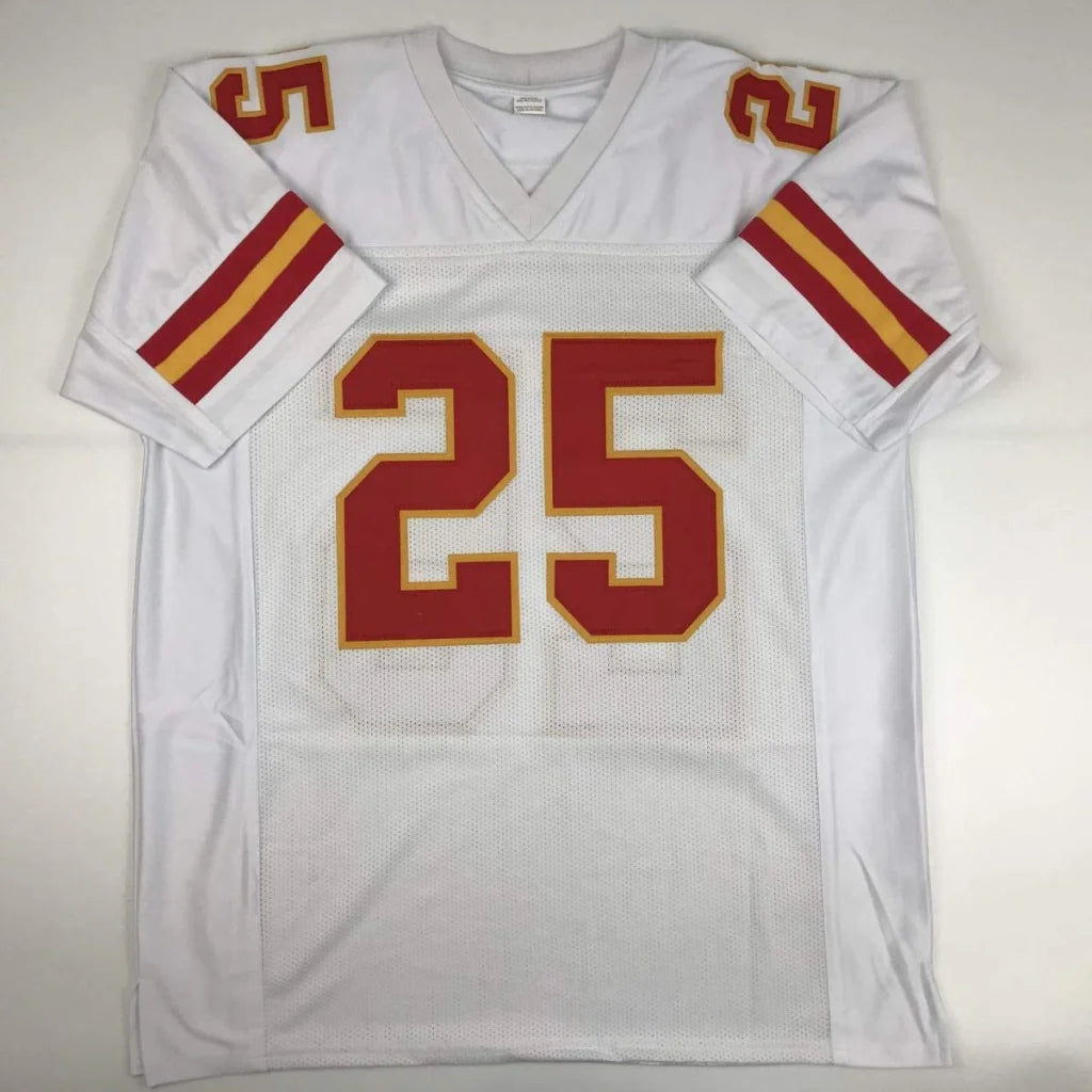 Autographed jamaal charles kansas city white football custom jersey with red and gold number 25 and sleeve stripes from professional sports league