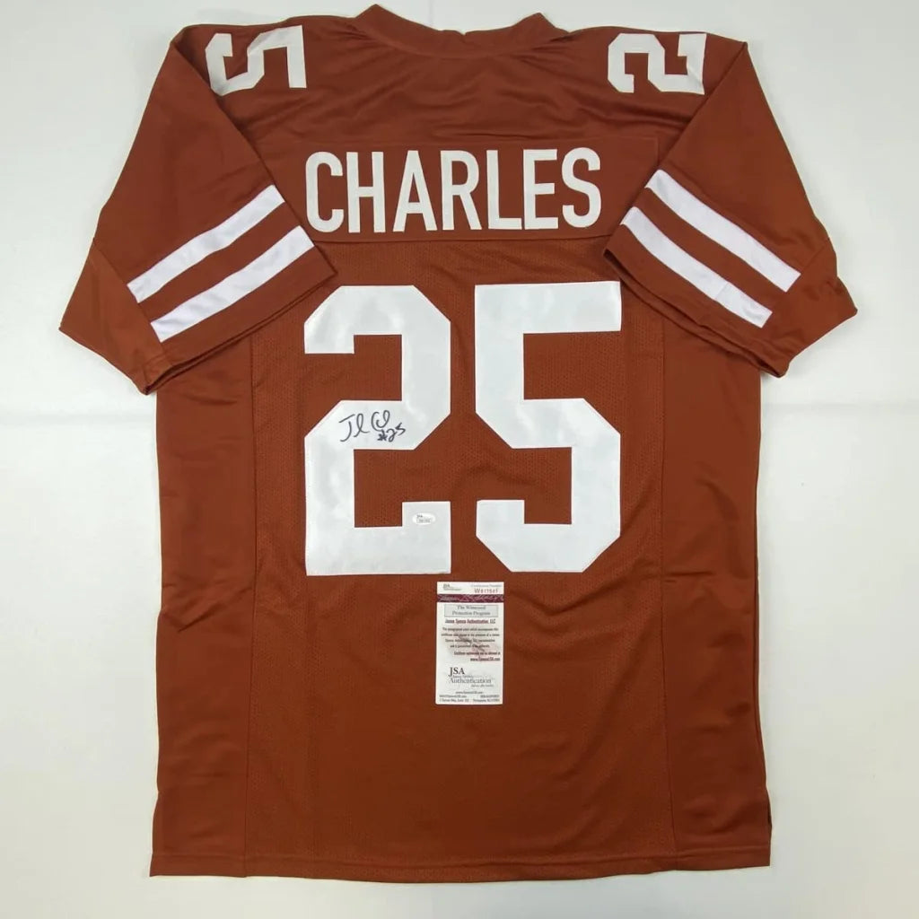 Back of a maroon texas longhorns custom jersey with white lettering autographed by jamaal charles number 25 professional sports league