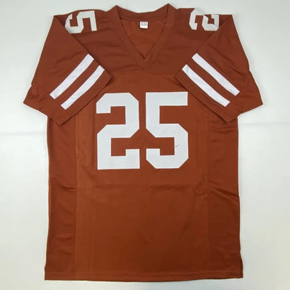 Autographed jamaal charles texas orange custom football jersey with white numerals v neck for professional sports league fans