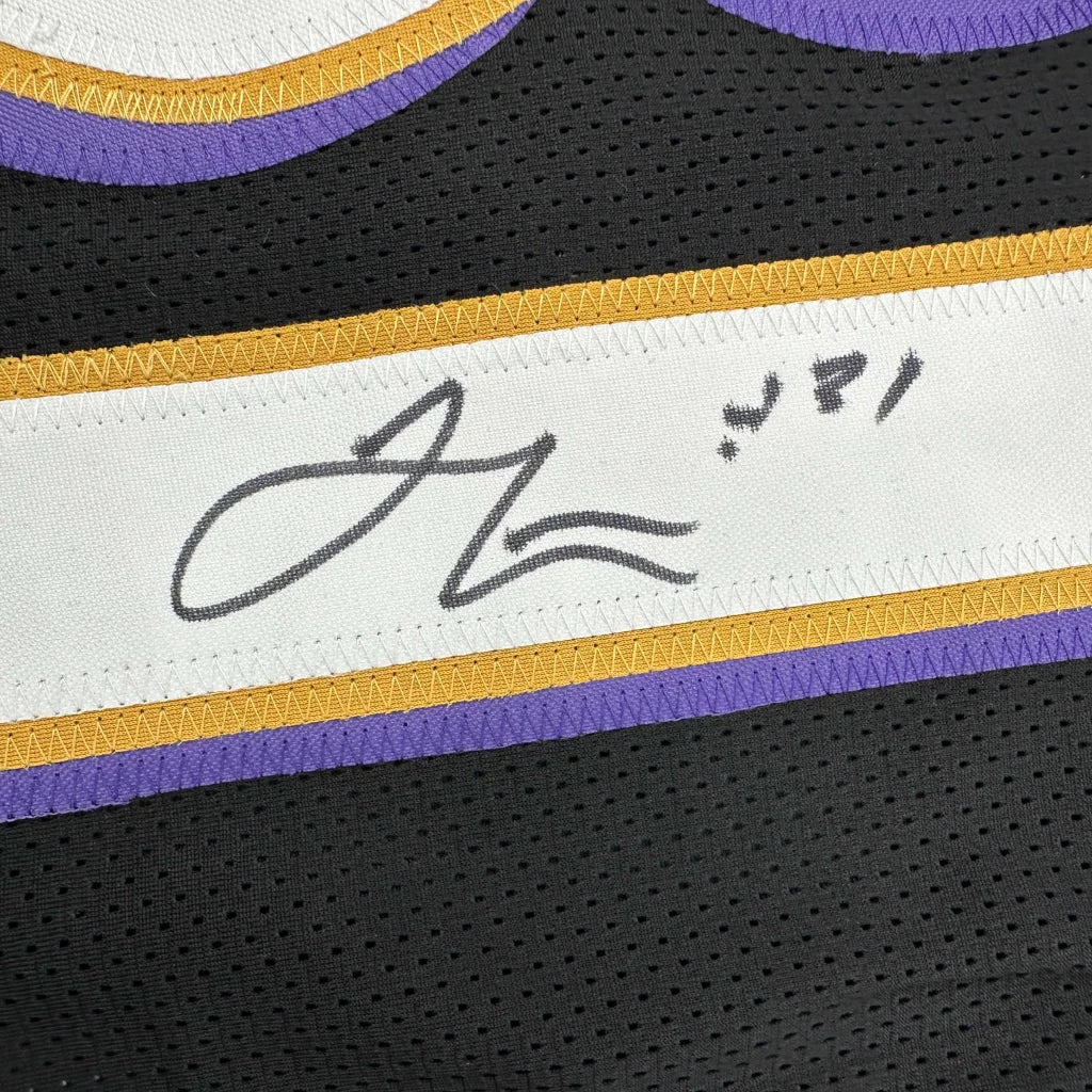 Black mesh custom jersey with purple gold trim and J Lewis 31 autograph for sports fans