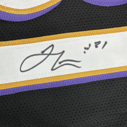 Black mesh custom jersey with purple gold trim and J Lewis 31 autograph for sports fans