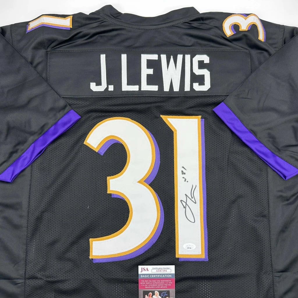 Black and purple custom jersey with number 31 from J Lewis, autographed sports collectible