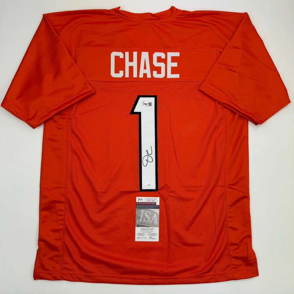 Autographed Ja’Marr Chase custom jersey in vibrant red with white Chase 1