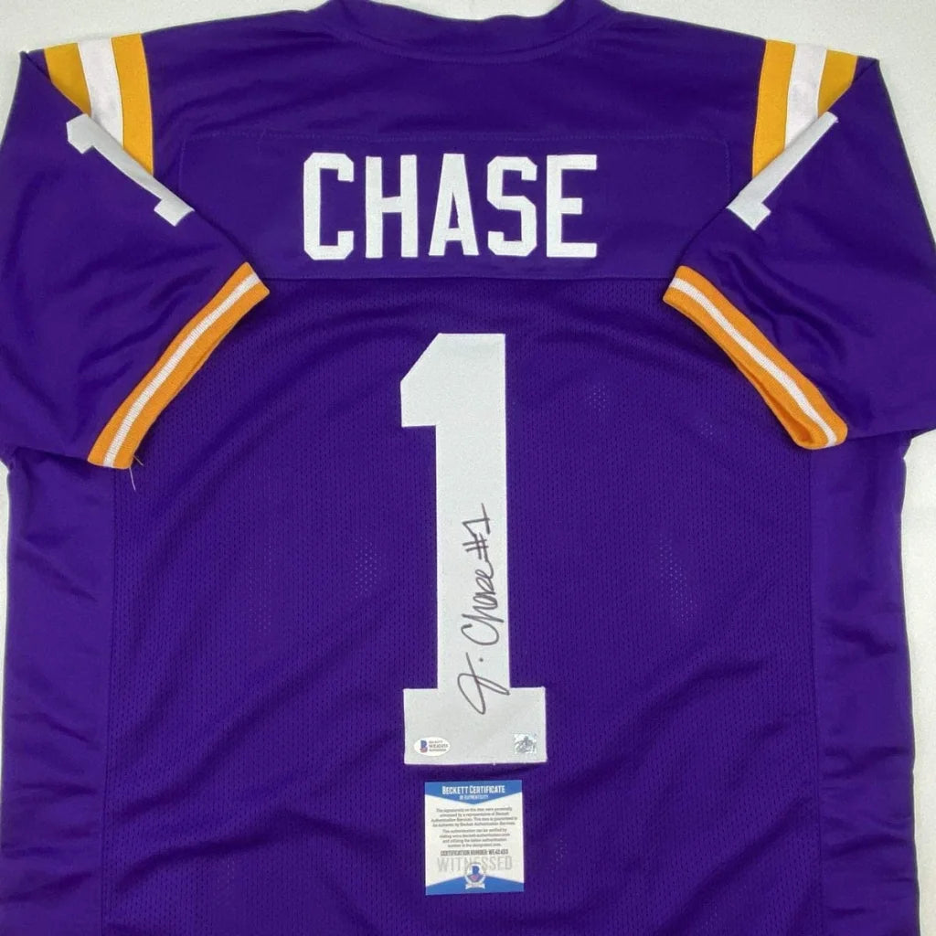 Back of autographed Ja’Marr Chase LSU purple custom jersey, name Chase #1, Beckett COA