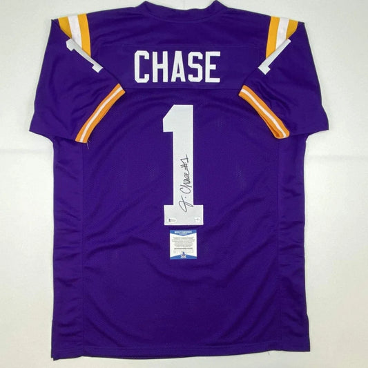 Back of autographed Ja’Marr Chase LSU purple custom jersey, name Chase #1