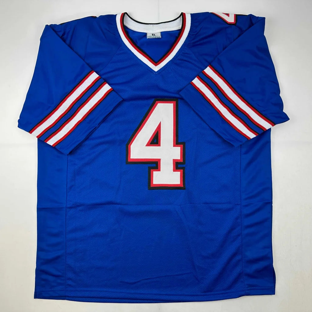 James Cook Buffalo custom jersey, blue with white red accents, signed number 4