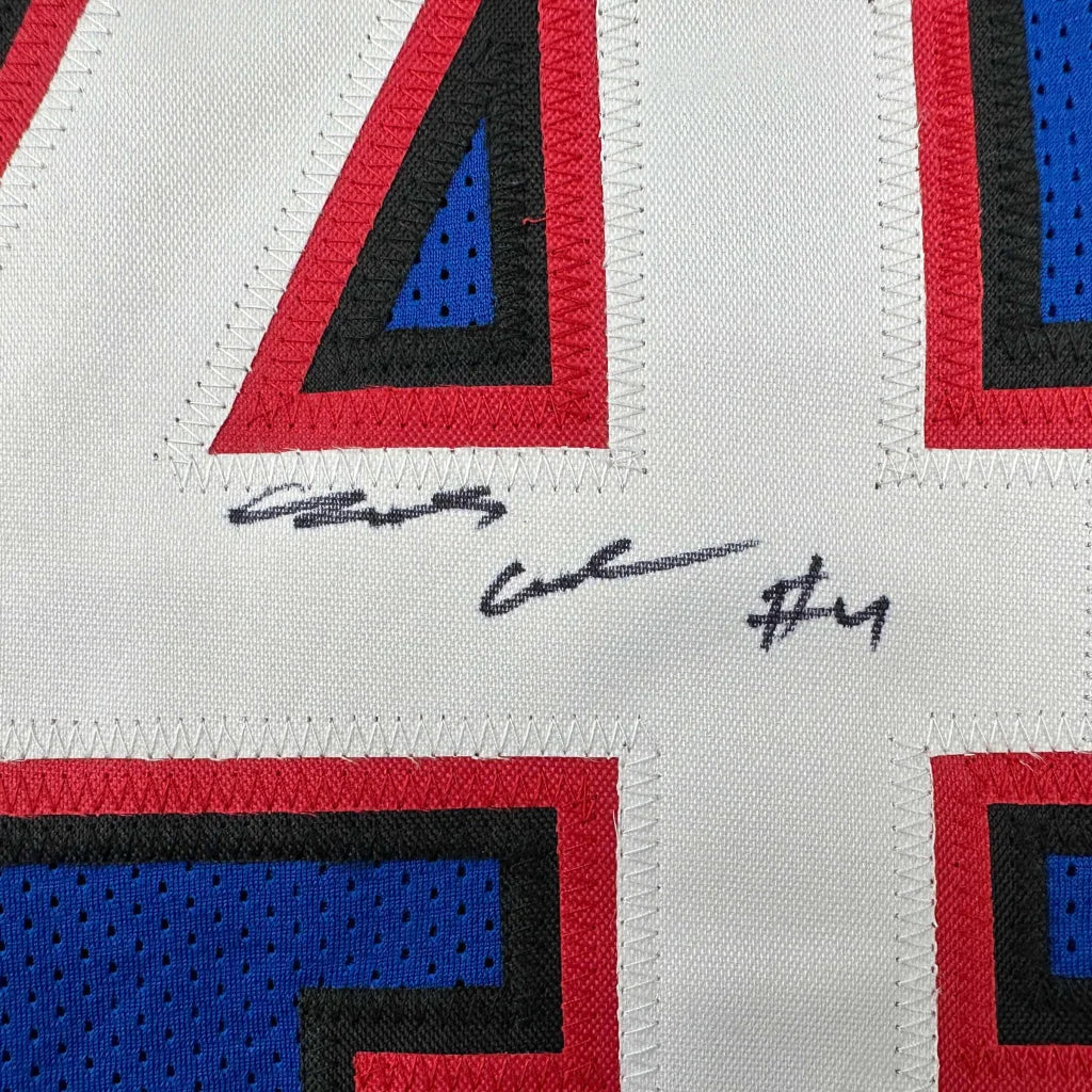Signed James Cook Buffalo custom jersey in white with red blue accents