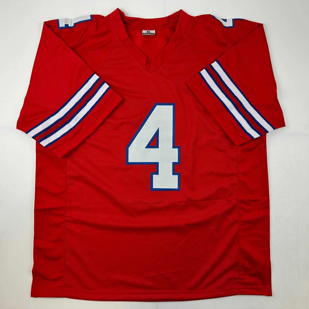 Red custom jersey signed by James Cook, sports league star, with white 4 and blue sleeve stripe