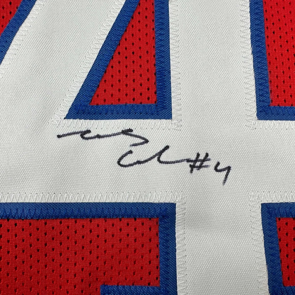 Autographed James Cook custom jersey in white with red blue accents