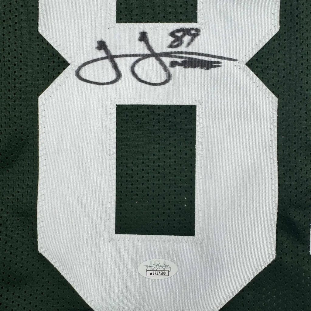 Green sports jersey with white 80 and black autograph from James Jones Green Bay legend