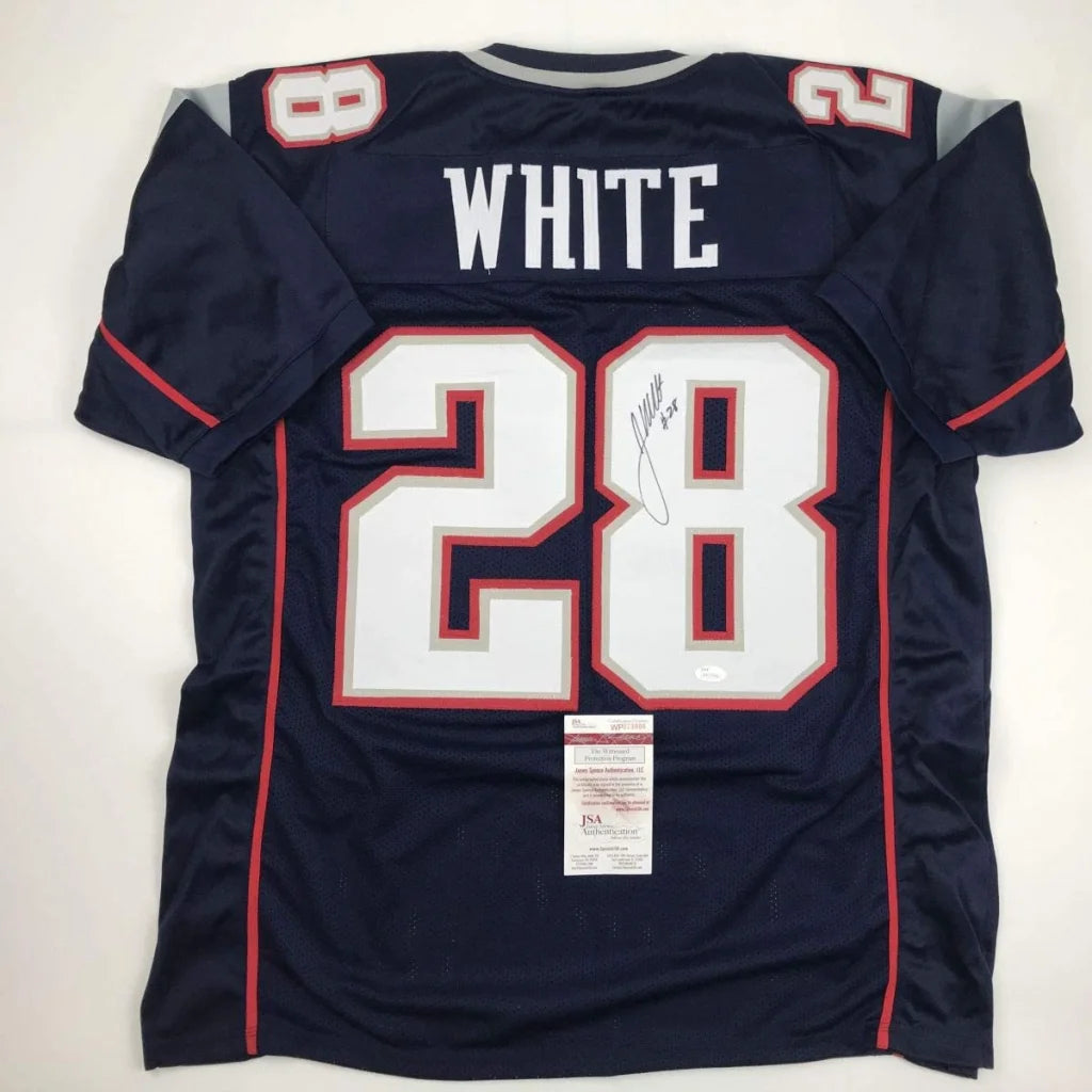 Back view of navy blue autographed james white football jersey with white and red numerals custom jersey professional sports league