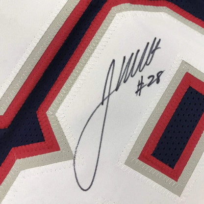 White James White New England blue custom jersey with red and navy trim, signed and numbered 28, professional sports league collectible