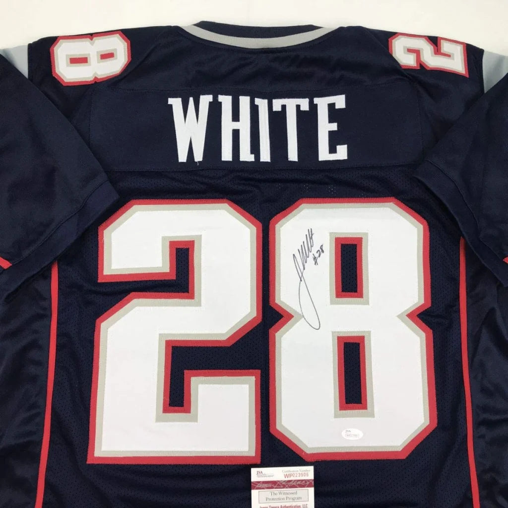 Back of navy blue new england patriots custom jersey featuring autographed james white number 28 from professional sports league