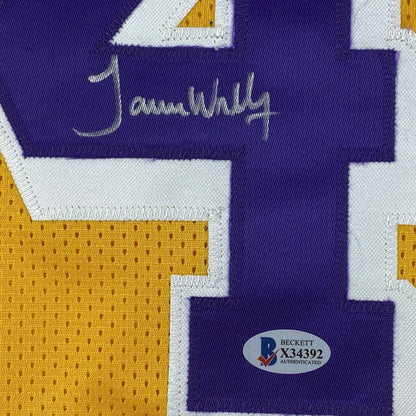 Autographed James Worthy Los Angeles LA Yellow Basketball Jersey Beckett BAS COA | Authenticated Signed Sports Jersey | vintageantiquesgifts.com