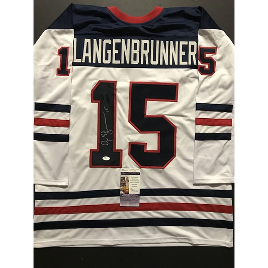 Autographed Jamie Langenbrunner Team USA white custom jersey back, number 15
