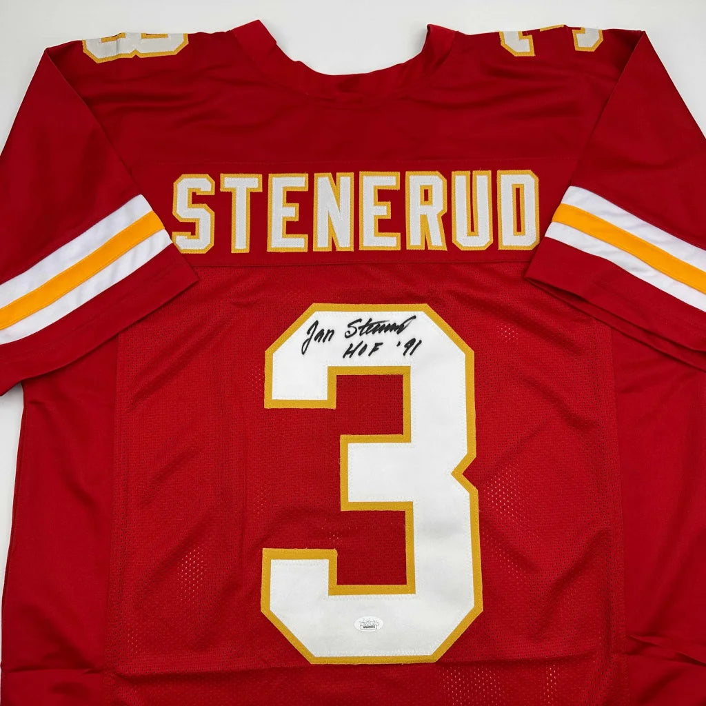 Red Jan Stenerud custom jersey with autograph, perfect for sports league fans