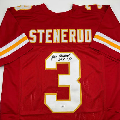Red Jan Stenerud custom jersey with autograph, perfect for sports league fans