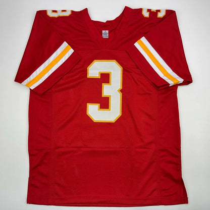 Red custom jersey with white and gold number 3 from Legendary Jan Stenerud sports league autographed jersey