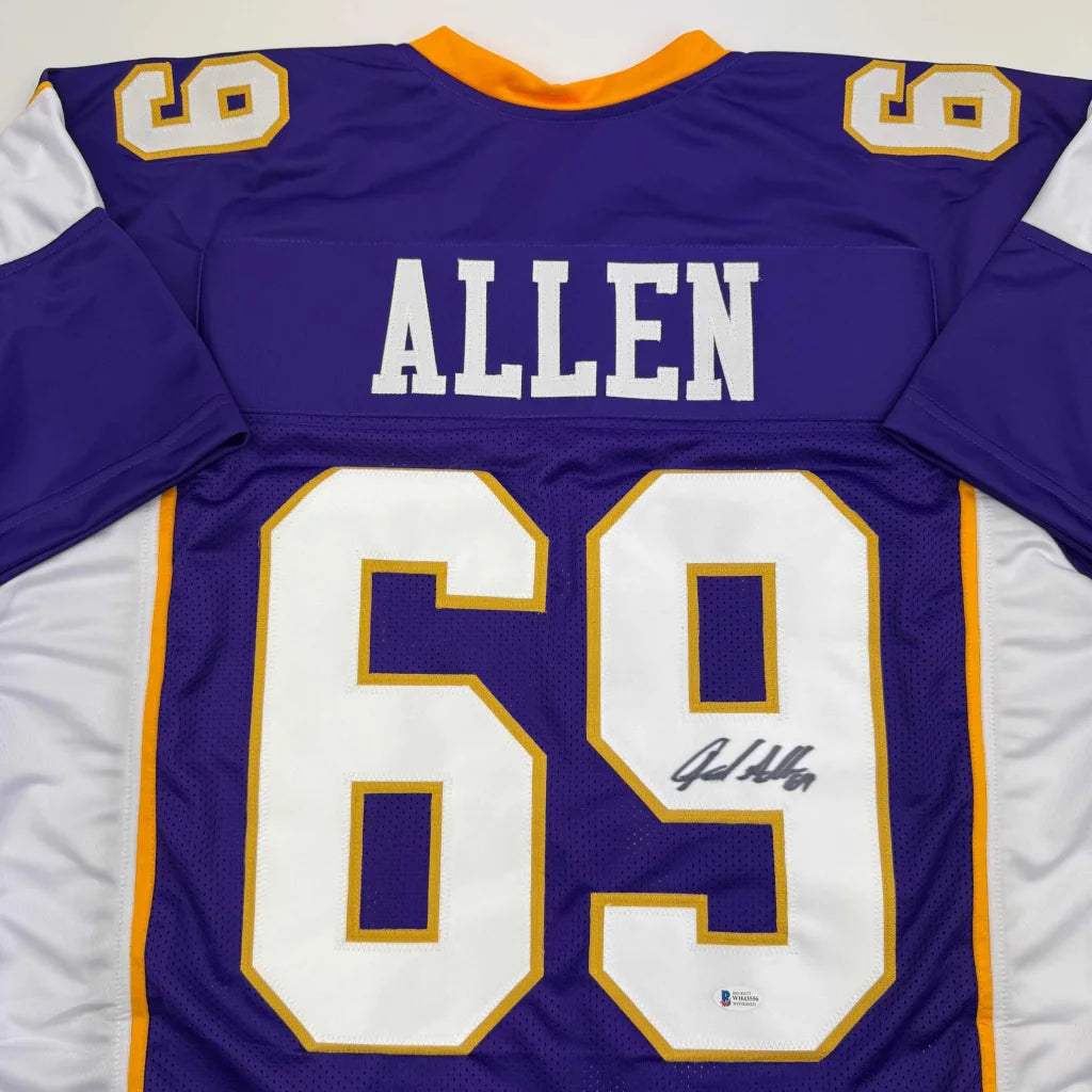 Back side of autographed jared allen minnesota vikings custom jersey in purple white with gold trim professional sports league
