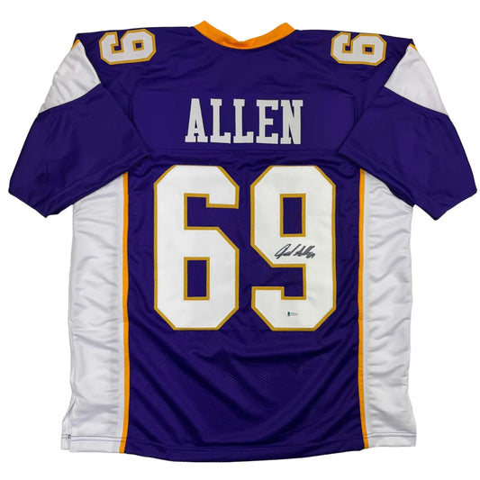Back of autographed Jared Allen Minnesota vikings custom jersey in purple white with gold trim for professional sports fans