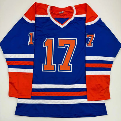 Blue custom jersey with orange and white stripes and 17 for professional sports league fans