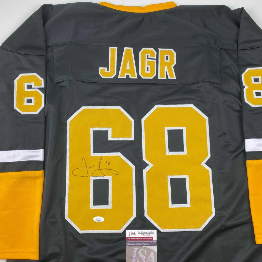 Autographed Jaromir Jagr custom jersey with number 68 and JSA COA in black gold style