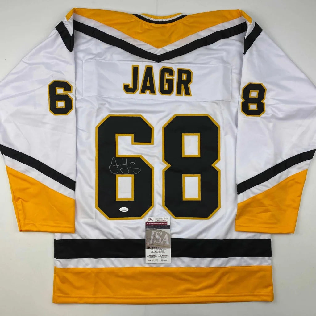 Authentic Jagr custom jersey from professional sports league with autograph and black gold accents