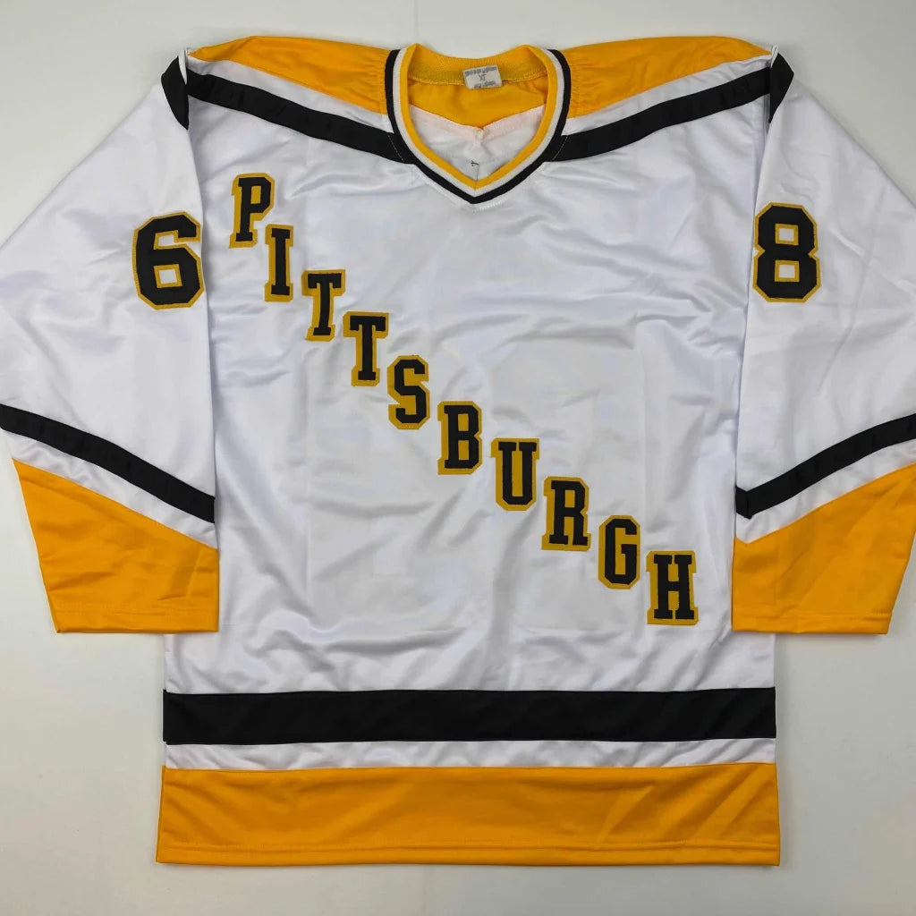 White hockey jersey with yellow and black trim from Authentic Jagr Custom Jersey for sports league fans