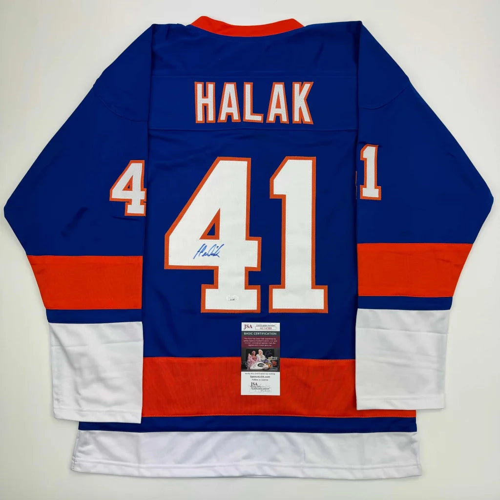 Blue professional sports league custom jersey with Halak 41 autograph for fans