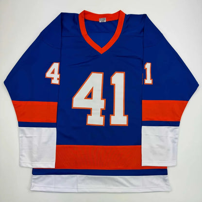 Blue and orange professional sports league custom hockey jersey with number 41