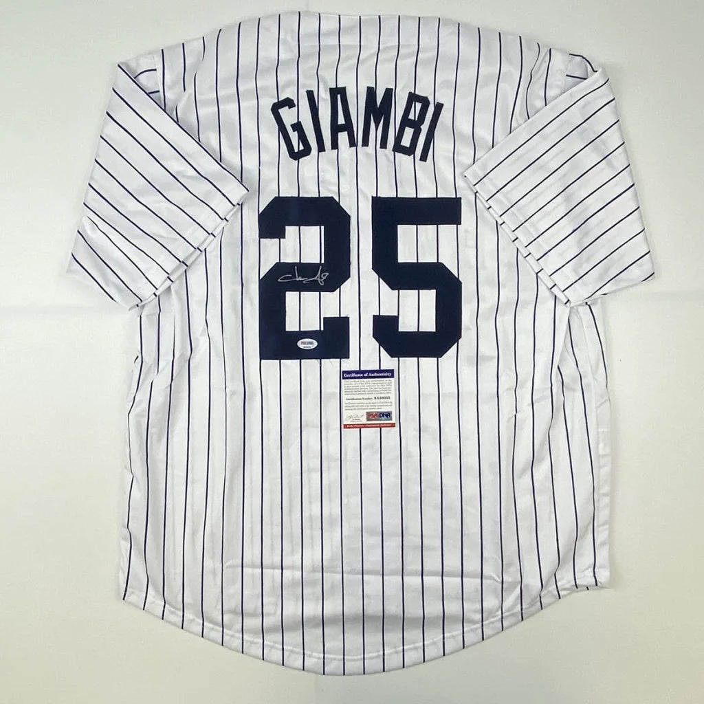 White Giambi Yankees pinstripe custom jersey with autograph, perfect for sports league fans