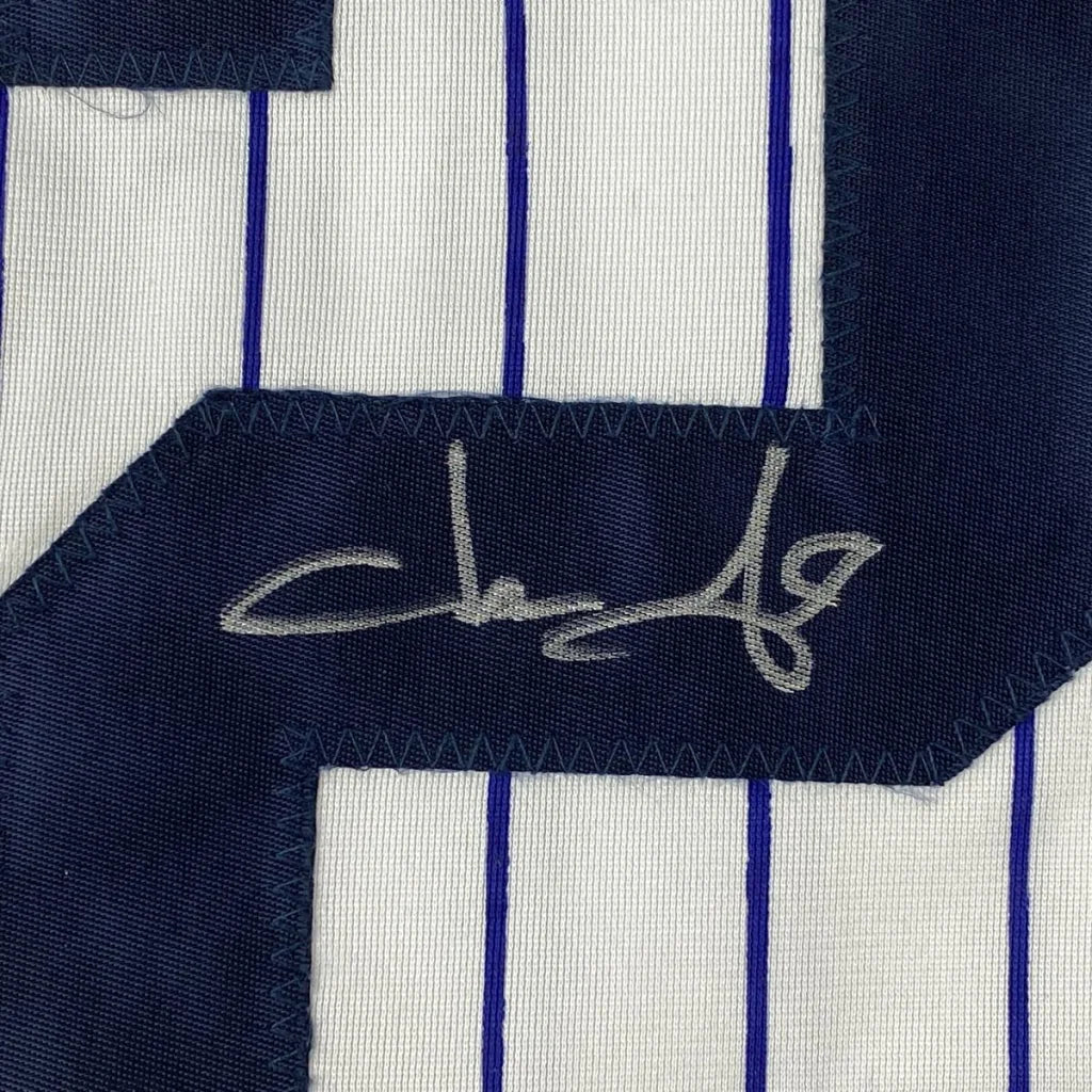 Blue and white pinstriped custom jersey with Jason Giambi signature, perfect for sports league fans
