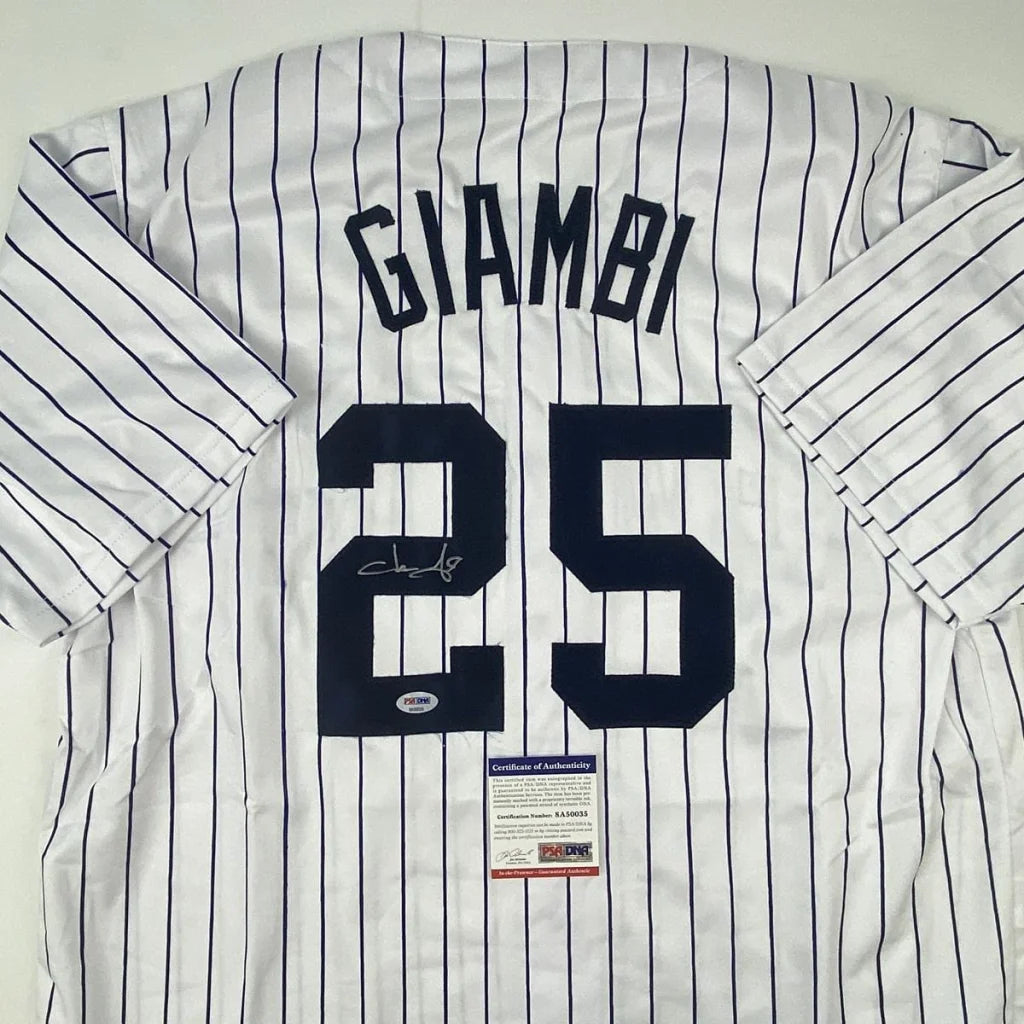Autographed Jason Giambi New York Pinstripe Baseball Jersey PSA/DNA COA | Certified Authentic Signed Memorabilia | vintageantiquesgifts.com