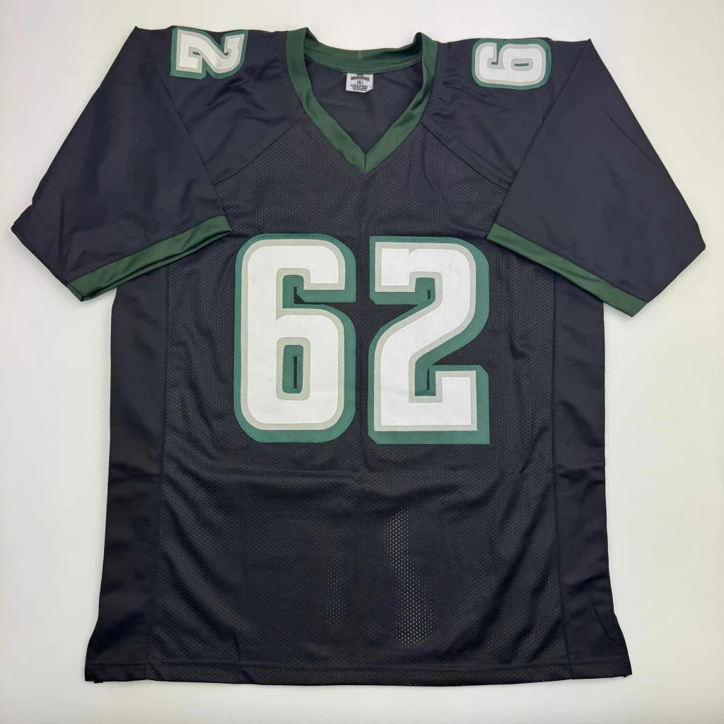Black and green professional sports league custom jersey with number 62 from Kelce