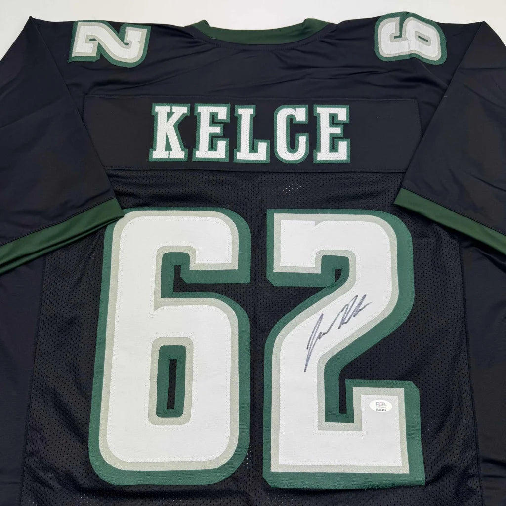 Autographed black and green professional sports league custom jersey with KELCE 62