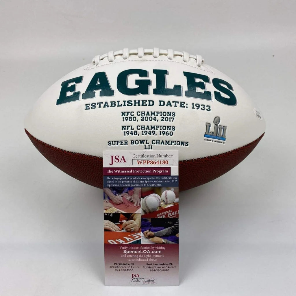 Autographed jason kelce philadelphia eagles full size white and brown leather football with teal eagles logo and super bowl lii emblem