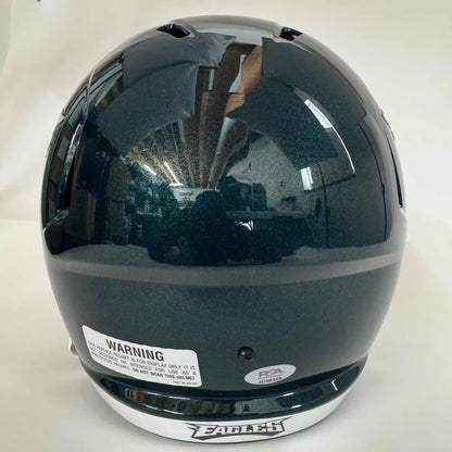 Dark green Philadelphia Eagles helmet with white chin strap, third party verified Jason Kelce gear