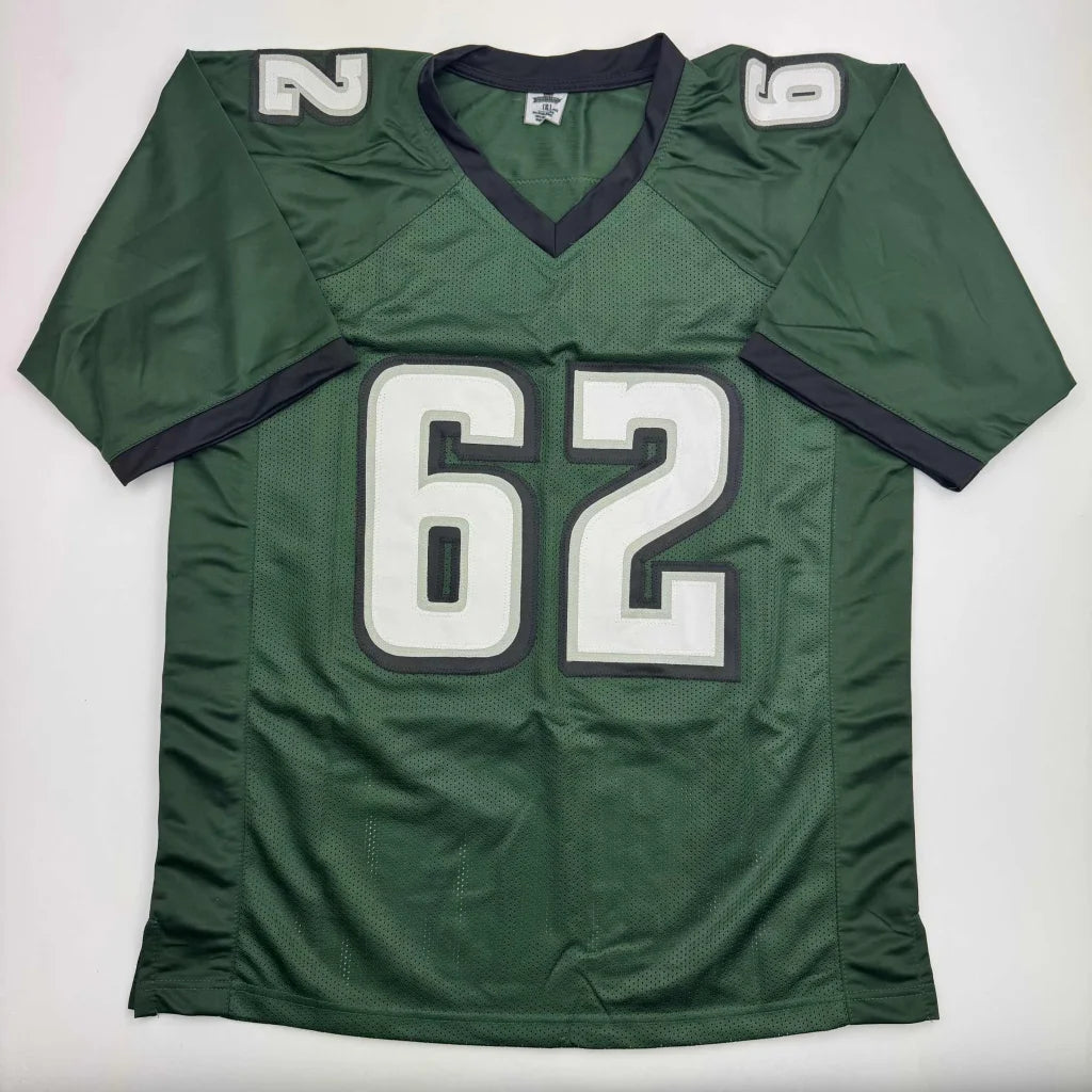 Autographed jason kelce green custom jersey with white black number 62 v-neck mesh fabric professional sports league
