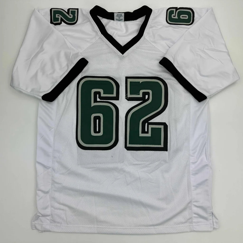 White mesh KELCE 62 custom jersey for professional sports fans with dark green and black details