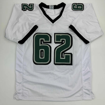 White mesh KELCE 62 custom jersey for professional sports fans with dark green and black details