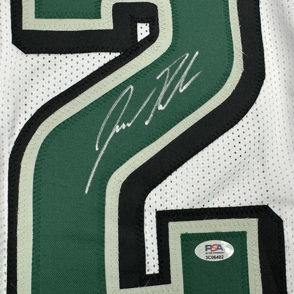 Autographed white green black custom jersey with PSA sticker for sports league fans