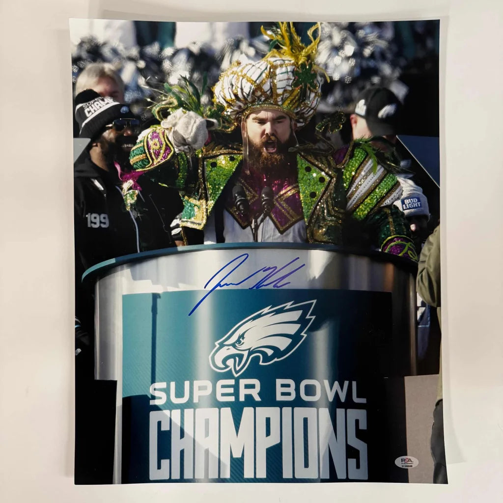 Autographed Jason Kelce Super Bowl Parade Speech Mummers Philadelphia Eagles 16x20 Football Photo PSA COA | Hall of Fame Sports Memorabilia | vintageantiquesgifts.com