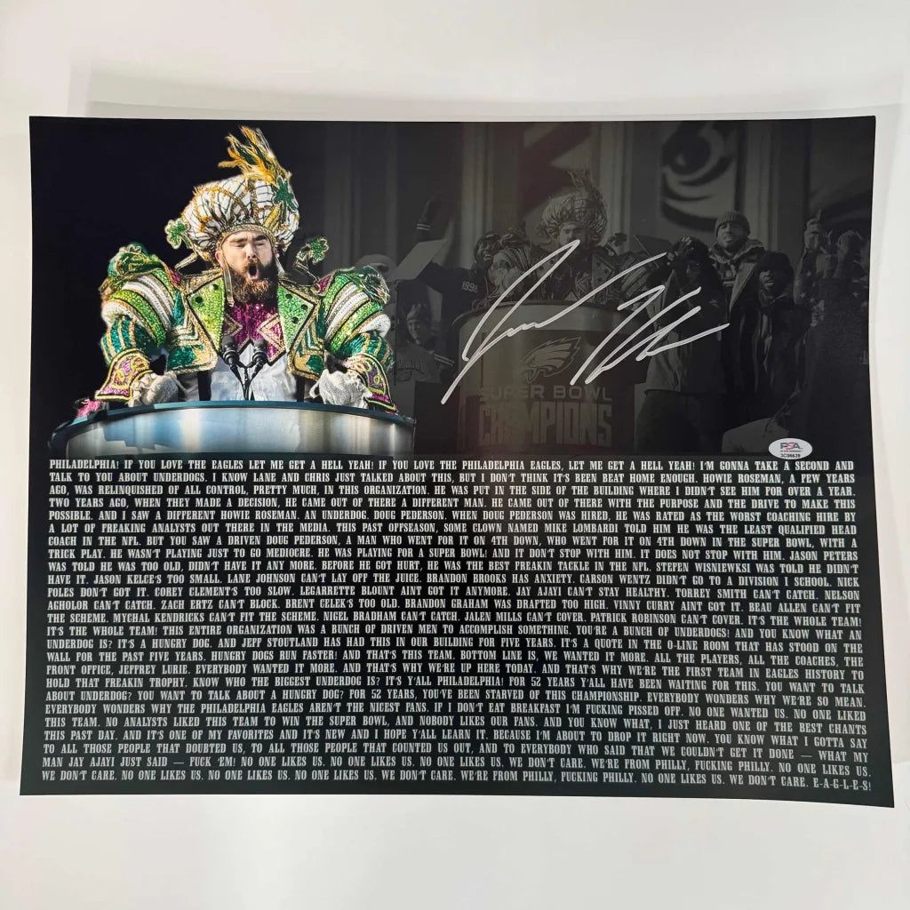 Autographed Jason Kelce Super Bowl Parade Speech Transcript Mummers Philadelphia Eagles 16x20 Football Photo PSA COA | Hall of Fame Sports Memorabilia | vintageantiquesgifts.com
