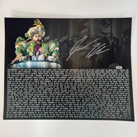 Autographed Jason Kelce Super Bowl Parade Speech Transcript Mummers Philadelphia Eagles 16x20 Football Photo PSA COA | Hall of Fame Sports Memorabilia | vintageantiquesgifts.com